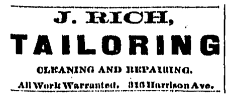 Business card advertisement for J. Rich, tailoring.