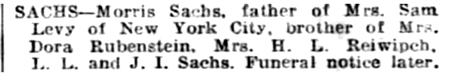 Death notice of Morris Sachs in The Chicago Tribune on September 11, 1933.