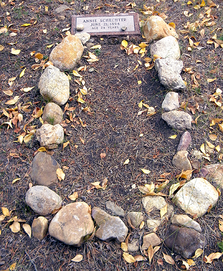 Burial plot with grave marker for Annie Schechter as found in the Hebrew Cemetery in Leadville, Colorado.