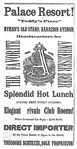 An advertisement for The Palace Resort, which was also known as “Teddy’s Place”, “Hyman’s Club Rooms”, and “Hyman’s Place”.