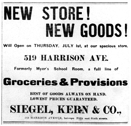 The first advertisement for Siegel, Kern, & Company announcing its opening on July 1, 1880. 