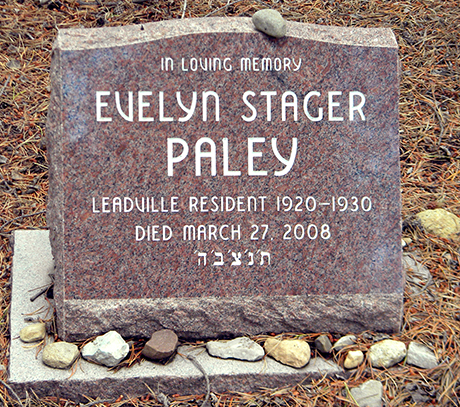 Photo of tombstone for Evelyn Stager Paley in the Hebrew Cemetery in Leadville.