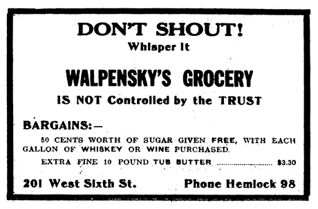 Advertisement for Walpensky’s Grocery stating that they are not controlled by the trust.