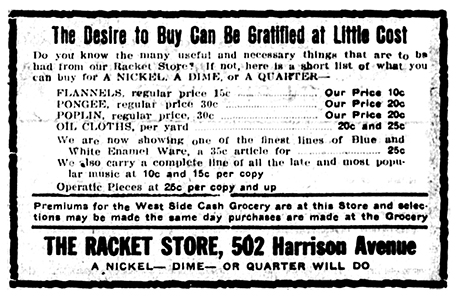 Advertisement for The Racket Store selling items for a nickel, dime, or quarter.