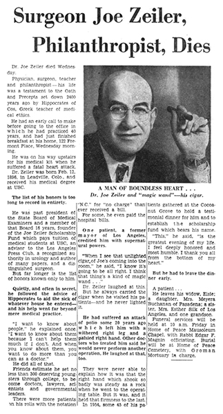 Obituary in the Examiner for Dr. Joseph Zeiler who died on May 24, 1961. 