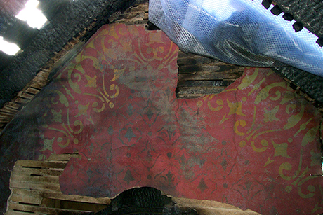 Likewise with the stars, discovering the original patterns on the red plaster and lathe gable wall also allowed for creating stencils to replicate the pattern for the restoration.