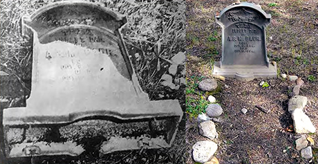 Left: The overturned headstone of Thea Baer. September 4, 1970. Right: Thea’s gravesite as it appears today.